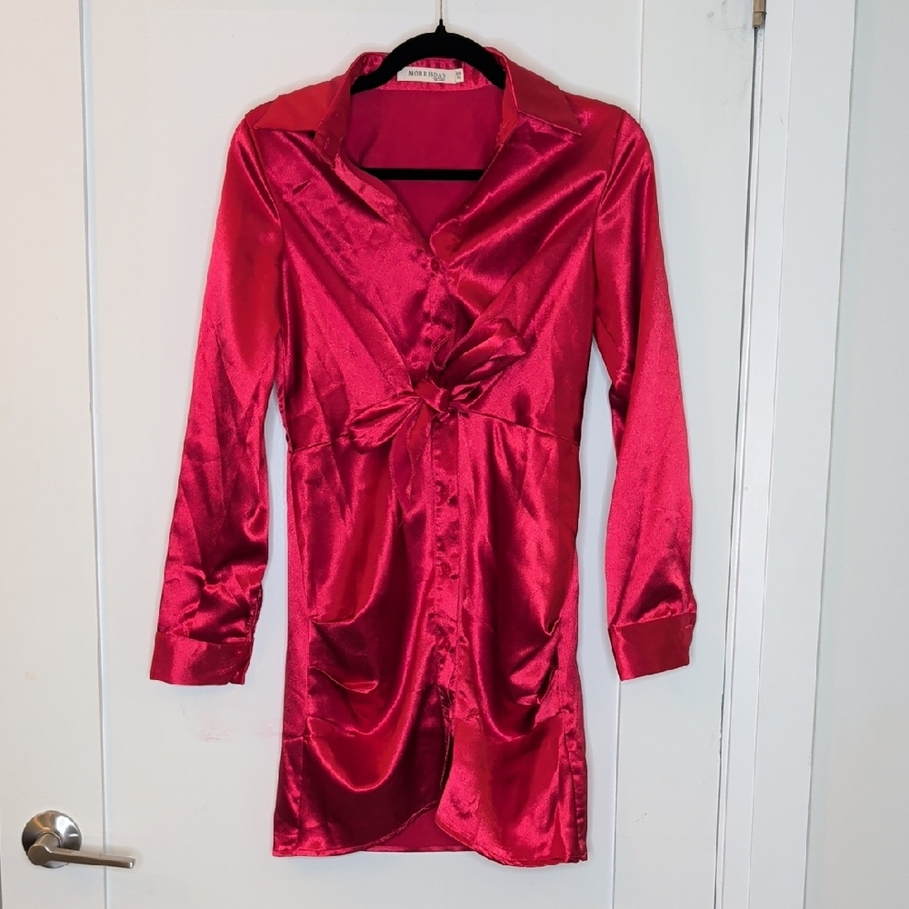 Morrisday Satin Hot Pink Y2K Barbie Long Sleeve Button Up Dress Size XS